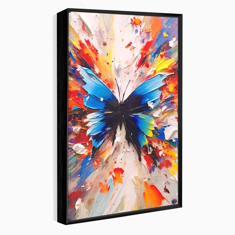 Tablou canvas cu tablou canvas cu fluture albastru, in rama de aluminiu negru